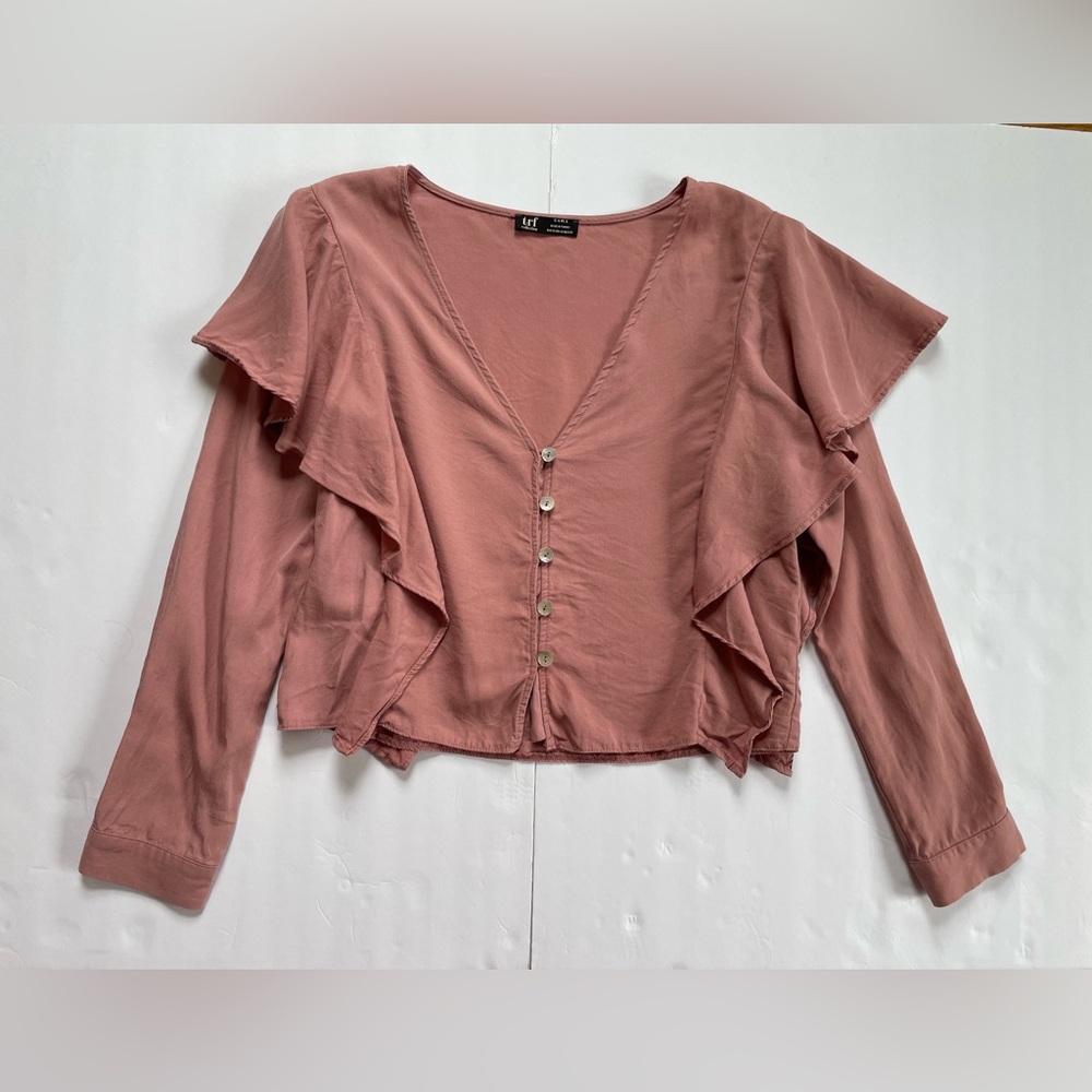 Zara Rosewood Ruffle Button-Front Long Sleeve Blouse